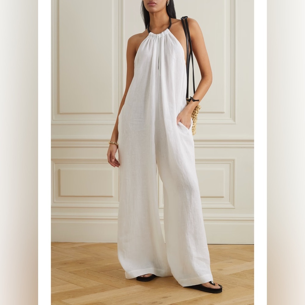 Three Graces London Karla leather-trimmed linen-voile jumpsuit